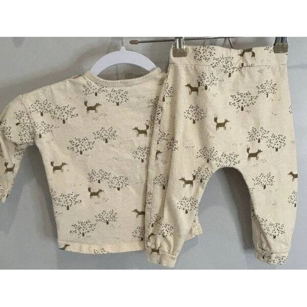 Rylee + Cru Organic Cotton Fox Tree Print 2pc Lounge Pajama Set Cream Tan 12-18